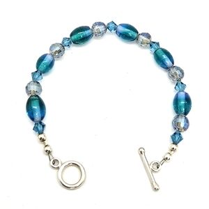 Murano Glass Beaded Bracelet with Blue AB Crystals 925 Sterling Silver Clasp
